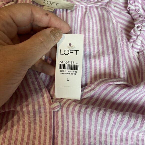 LOFT Womens Dress Striped Tie Neck Tiered Swing Linen Blend Preppy Sz L NWT - Picture 9 of 16